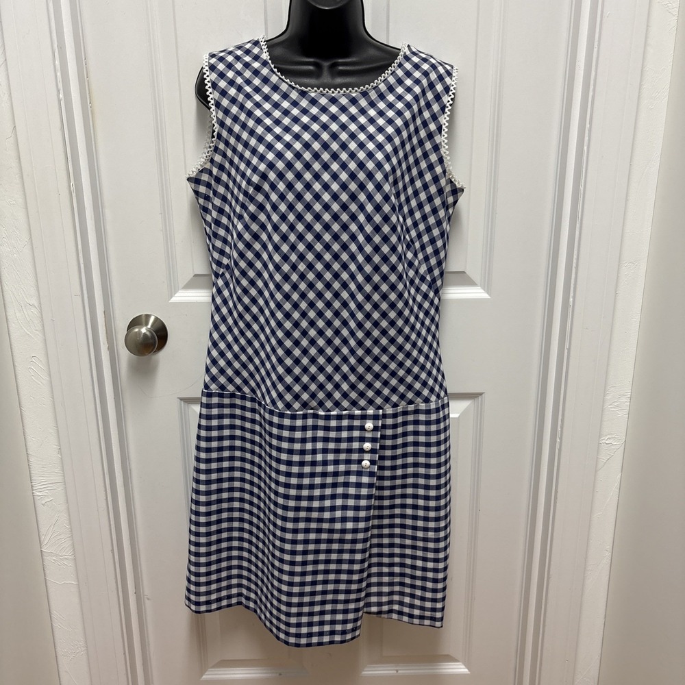 Sears Dropwaist Blue & White Check Jumper Skort Rickrack White Buttons Vintage